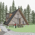 Rustic A Frame Villa Surrounded By Pine Trees Stream Rocks And Wooden Deck With Campfire 3d model
