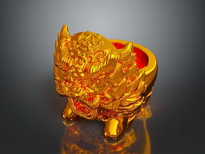 Golden Lion Shaped Vase With Intricate Carved Decorations And Shiny Surface 3d model
