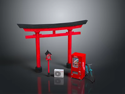 Japanese Torii Gate Scene With Red Vending Machine Lantern White Device And Bicycle 3d model