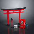 Japanese Torii Gate Scene With Red Vending Machine Lantern White Device And Bicycle
