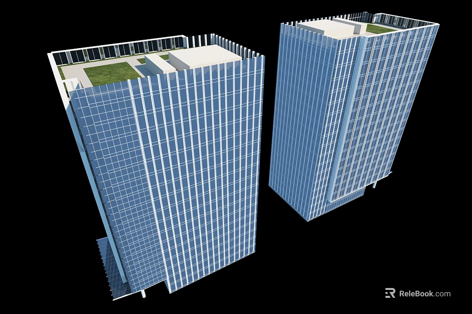 Two Modern Office Buildings With Glass Curtain Walls And Roof Garden Areas 3d model 