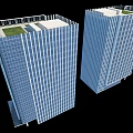 Two Modern Office Buildings With Glass Curtain Walls And Roof Garden Areas