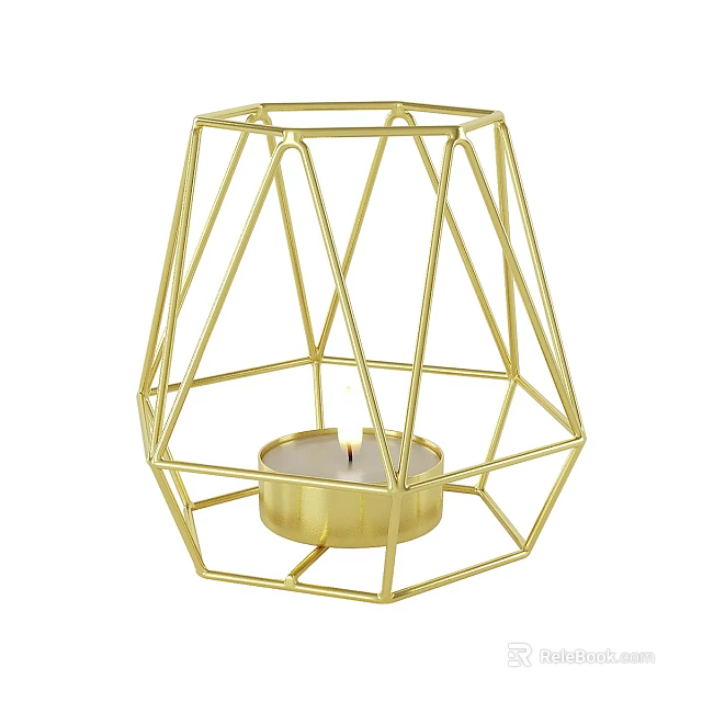 Gold Geometric Frame Candle Lamp With Lit Candle Inside Modern Home Decorative Design 3d model 