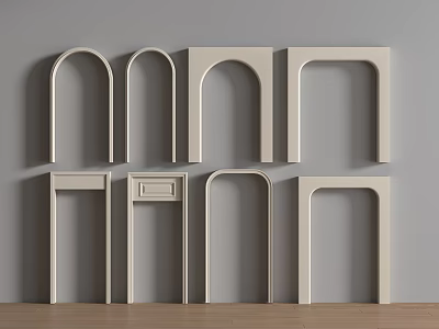 White Archways of Various Styles on Gray Background Wall With Wooden Floor 3d model