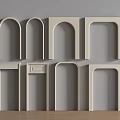 White Archways of Various Styles on Gray Background Wall With Wooden Floor
