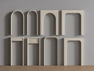 White Archways of Various Styles on Gray Background Wall With Wooden Floor 3d model