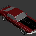 Red Classic Two Door Muscle Car With Black Hood Gold Stripes And Vintage Style