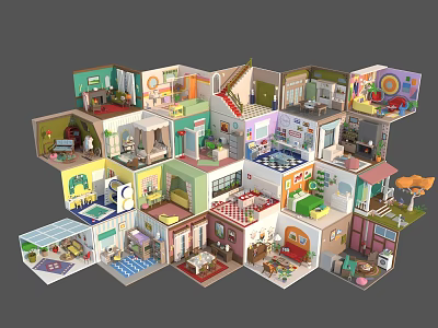Cartoon Style Multi Level House Scene With Colorful Rooms Furniture And Playful Elements 3d model