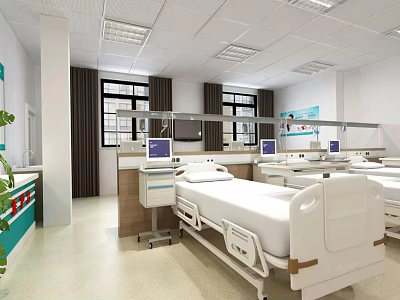 Hospital Ward Interior With White Beds Medical Equipment Windows And Curtains 3d model