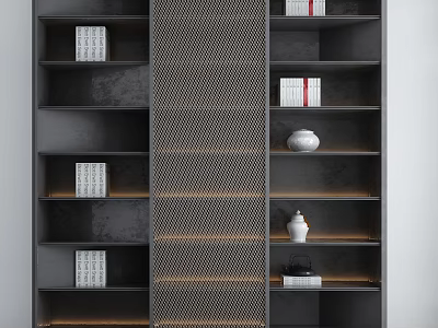Modern Minimalist Gray Decorative Cabinet With Multi Tiered Shelves White Vases And Books 3d model