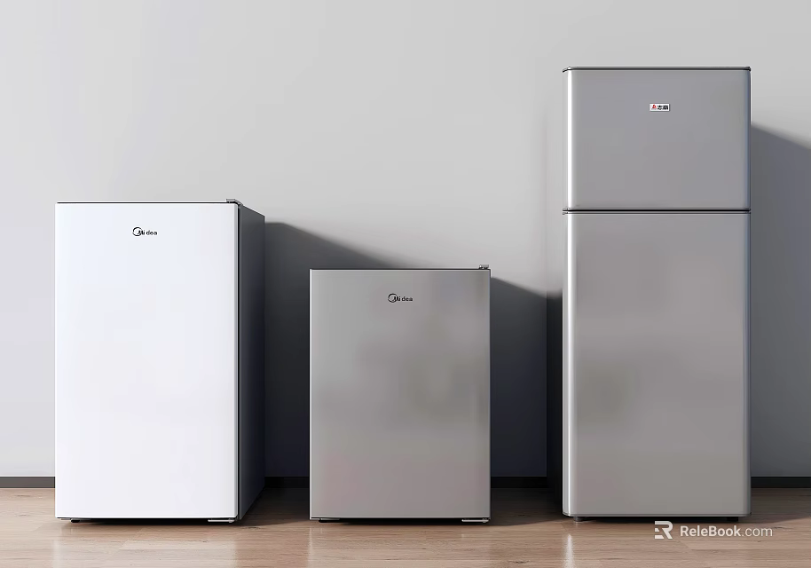 Midea White And Silver Refrigerators Freezers Displayed In Three Different Sizes 3d model