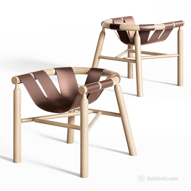 Modern Leisure Chair With Light Wooden Frame And Brown Leather Straps Design 3d model 