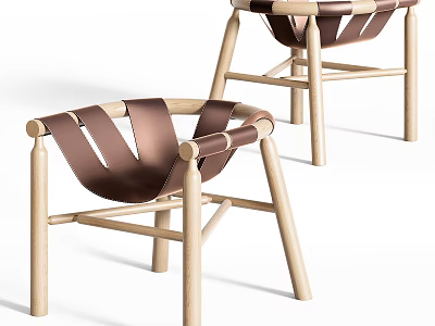 Modern Leisure Chair With Light Wooden Frame And Brown Leather Straps Design 3d model