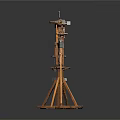 Traditional Wooden Mechanical Equipment With Tripod Base Multi Level Platforms And Suspended Parts