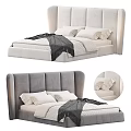 Modern Double Bed With Upholstered Headboard Beige Gray Bedding Pillows And Throw Blanket 3d model