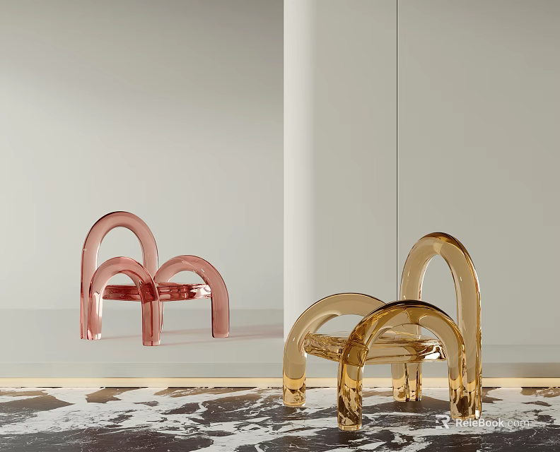Transparent Pink And Gold Curved Leisure Chairs In Modern Minimalist Mirror Backdrop 3d model 