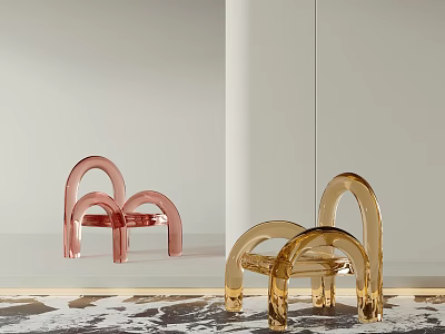 Transparent Pink And Gold Curved Leisure Chairs In Modern Minimalist Mirror Backdrop 3d model