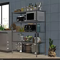 Multi Tier Metal Kitchen Shelving Unit With Microwave Pots Spices And Vegetables