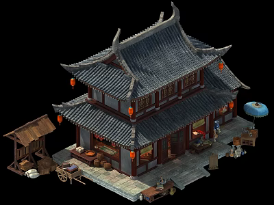 Ancient Chinese Architecture With Two Story Tile Roof Overhanging Eaves Red Lanterns And Market Stalls 3d model