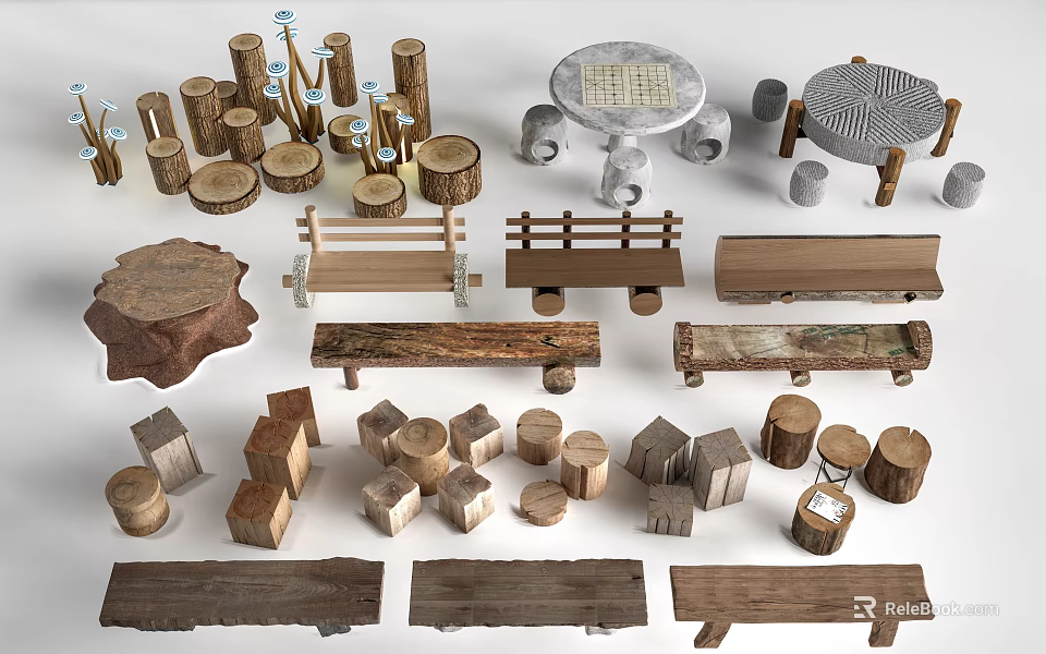 Wooden Landscape Seats with Natural Log Stump and Bench Designs for Outdoor Garden Spaces 3d model 