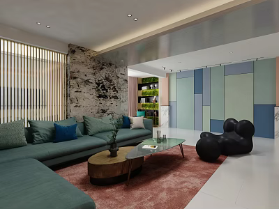 Contemporary Living Dining Area Interior With Green Sofa Glass Coffee Table Red Rug Colorful Walls 3d model