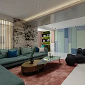 Contemporary Living Dining Area Interior With Green Sofa Glass Coffee Table Red Rug Colorful Walls