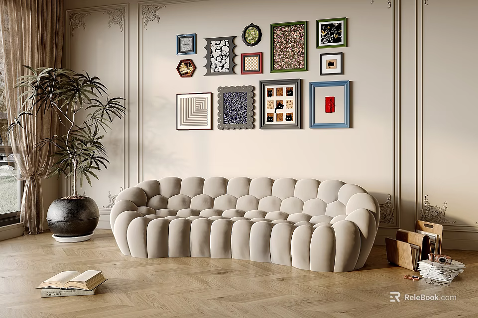 Elegant Living Room With Multi Seat Beige Sofa Framed Artworks And Potted Plant On Wooden Floor 3d model 
