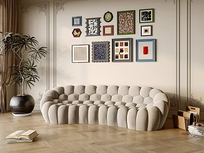 Elegant Living Room With Multi Seat Beige Sofa Framed Artworks And Potted Plant On Wooden Floor 3d model