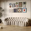 Elegant Living Room With Multi Seat Beige Sofa Framed Artworks And Potted Plant On Wooden Floor