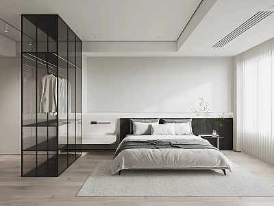 Modern Minimalist Bedroom Interior With Black Framed Glass Wardrobe Wooden Flooring And White Bedding 3d model