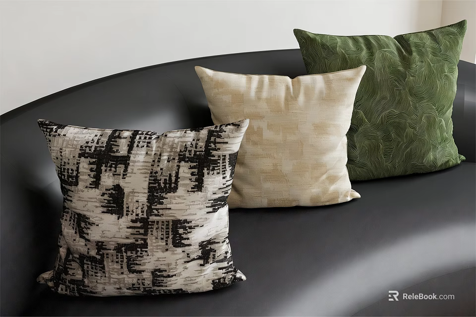 Black White Abstract Cream Textured Green Leaf Pattern Decorative Throw Pillows for Sofa 3d model 