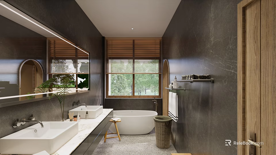 Modern Bathroom Interior Design With Double Vanity Freestanding Bathtub Wooden Blinds And Gray Walls 3d model 