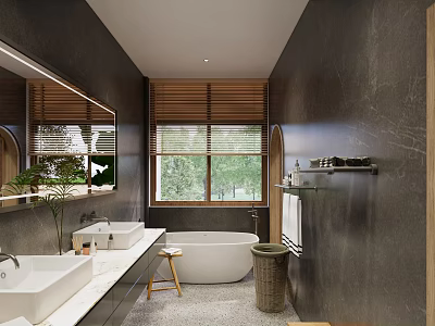 Modern Bathroom Interior Design With Double Vanity Freestanding Bathtub Wooden Blinds And Gray Walls 3d model
