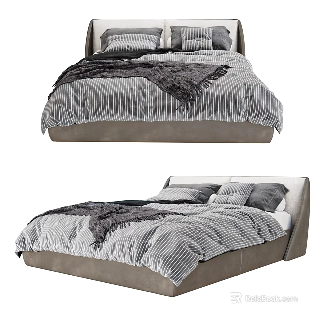 Modern Double Bed With Striped Bedding Gray Pillows And Upholstered Frame 3d model