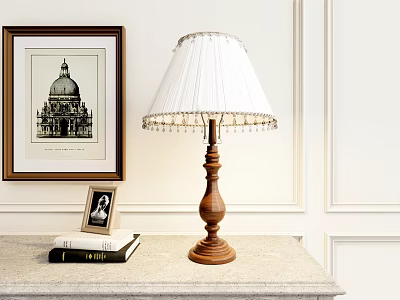 Classic Table Lamp with Wooden Base and White Fringed Lampshade Photo Frame Books on Table 3d model