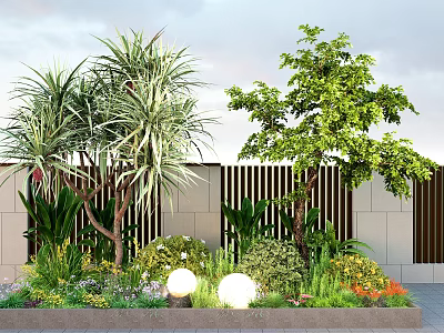 Elegant Garden Landscape Design With Lush Plants Flowers and Round Lights Against Slatted Wall 3d model