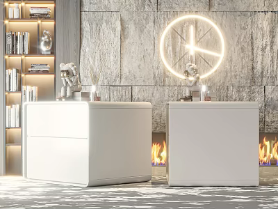 Modern White Bedside Tables With Stone Wall Round Glowing Clock Fireplace Flames And Bookshelf Decor 3d model