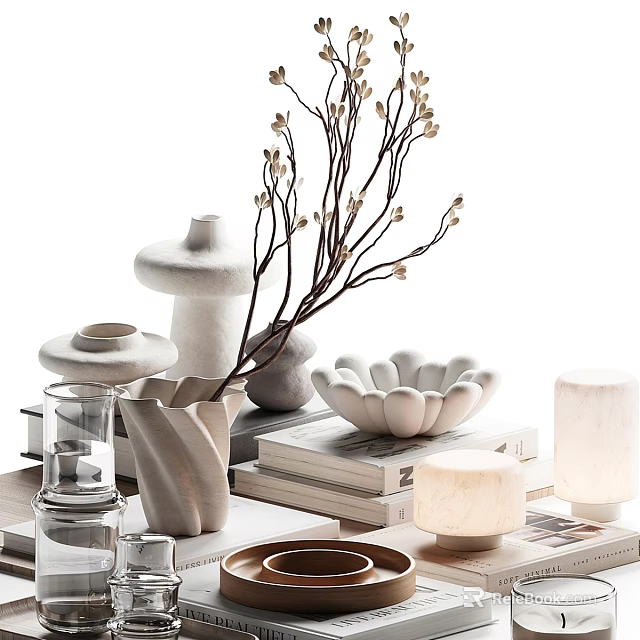 Modern Minimalist Home Decorative Ornament Set With Ceramic Vase Twigs Bowl Candle And Books 3d model 