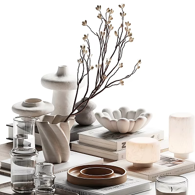 Modern Minimalist Home Decorative Ornament Set With Ceramic Vase Twigs Bowl Candle And Books 3d model