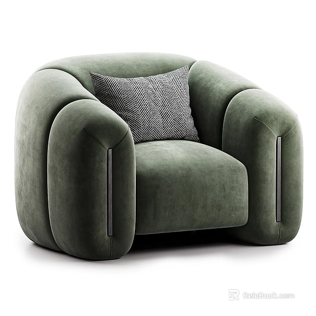 Green Velvet Single Sofa With Rounded Armrests And Metal Strip Accents And Gray Geometric Pillow 3d model 