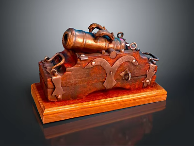 Antique Wooden Chest With Decorative Cannon And Metal Fittings On Base 3d model