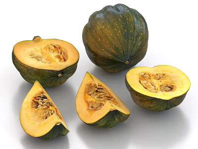 Fresh Pumpkin Vegetable Whole and Sliced Pieces Showcasing Seeds and Flesh 3d model