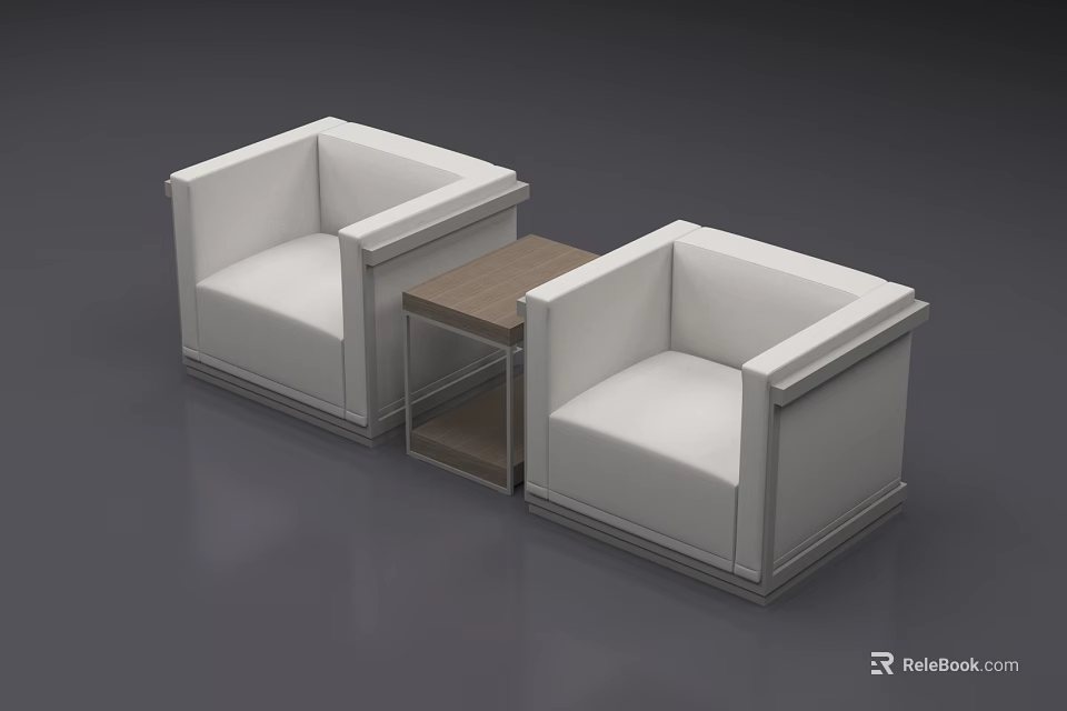 White Leisure Sofa Set With Two Armchairs And Small Wooden Table 3d model