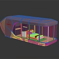 Cartoon Scene of Pink Mobile House With Transparent Windows Green Borders and Interior Furniture