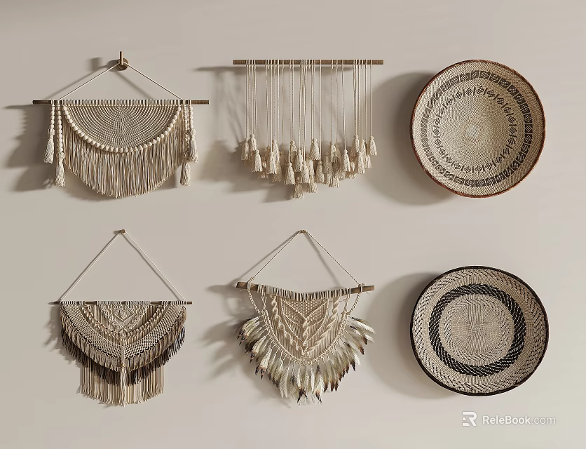 Handmade Woven Wall Decor with Macramé Hangings and Woven Plates on White Wall 3d model 