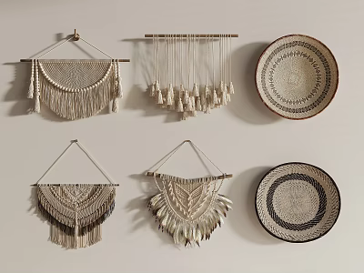 Handmade Woven Wall Decor with Macramé Hangings and Woven Plates on White Wall 3d model