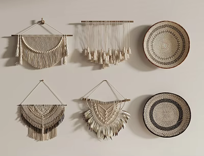 Handmade Woven Wall Decor with Macramé Hangings and Woven Plates on White Wall 3d model
