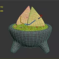 Cartoon Style Triangular Food In Gray Three Legged Pot With Green Base And Smiling Faces