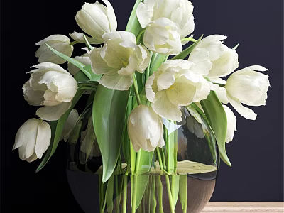 Decorative Ornament Set Featuring White Tulips Clear Glass Vase Green Leaves On Wooden Tabletop 3d model