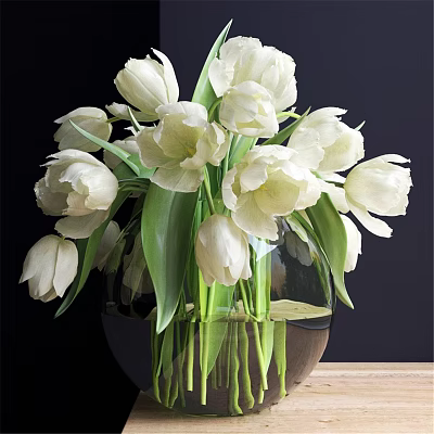 Decorative Ornament Set Featuring White Tulips Clear Glass Vase Green Leaves On Wooden Tabletop 3d model